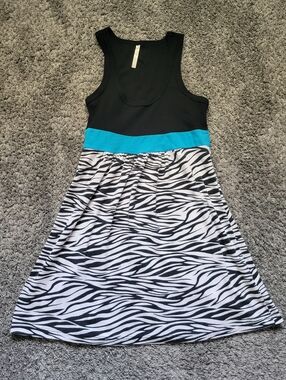 Tres Bien Black Tank Zebra Midi Dress with Teal Waistband Size Large Sundress
